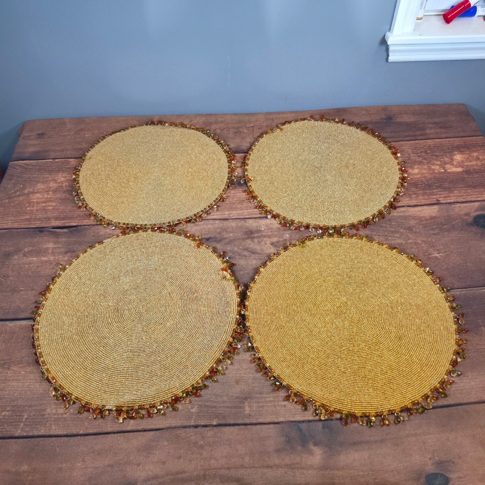 Kim Seybert Placemats Set of 4 Gold Excellent Beaded Round Glass Amber Fringe 15